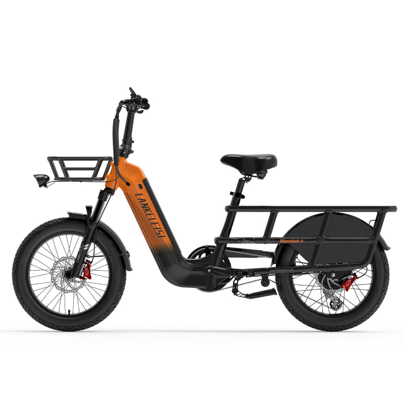 LANKELEISI Wombat-1 1000W long-range cargo electric bike with sturdy frame and cargo rack, black color, parked outdoors.