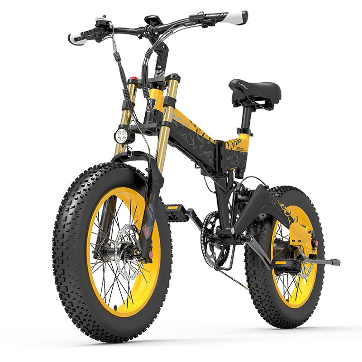 Yellow LANKELEISI X3000Plus-UP fat tire snow e-bike with sturdy frame and large tires, designed for snowy terrains.