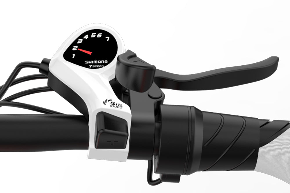 Lankeleisi Ebike gear speed shifter control thumb dials, close-up of ergonomic thumb switches on electric bike handlebar.