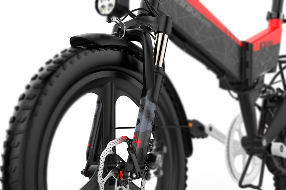 Front fork shock absorber for Lankeleisi electric bikes, showing the suspension component on the bike's front fork.