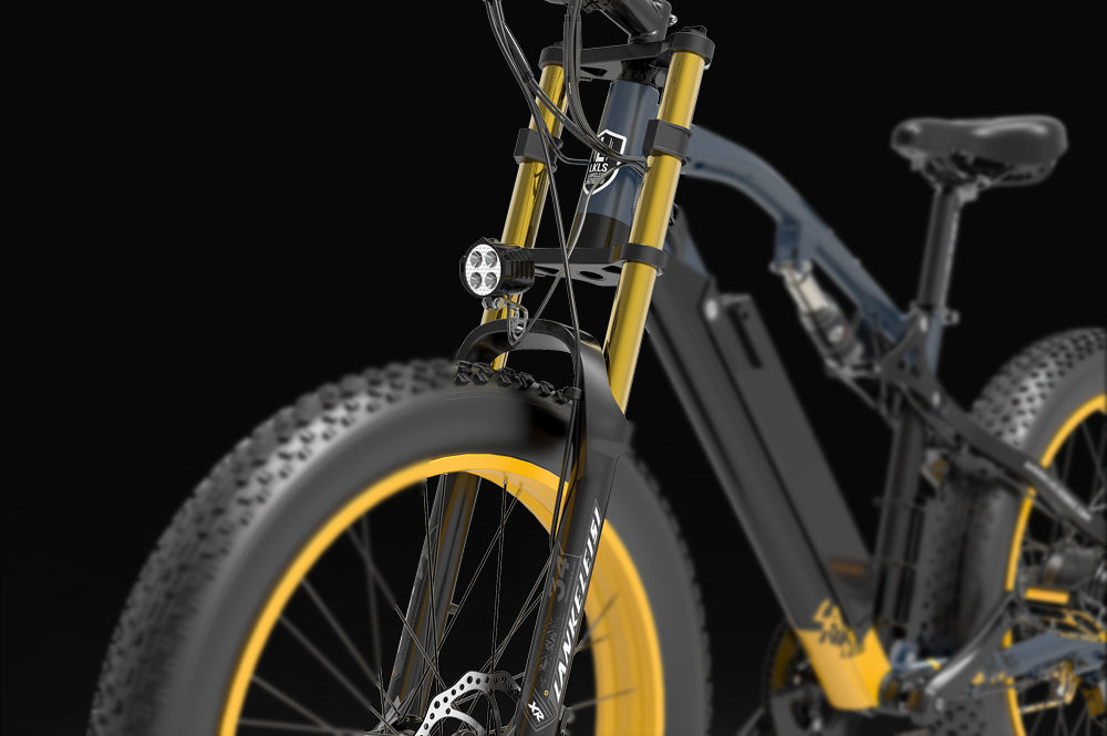 Front fork shock absorber for LANKELEISI electric bike, RV700 model, showing the suspension component on the bike's front fork.
