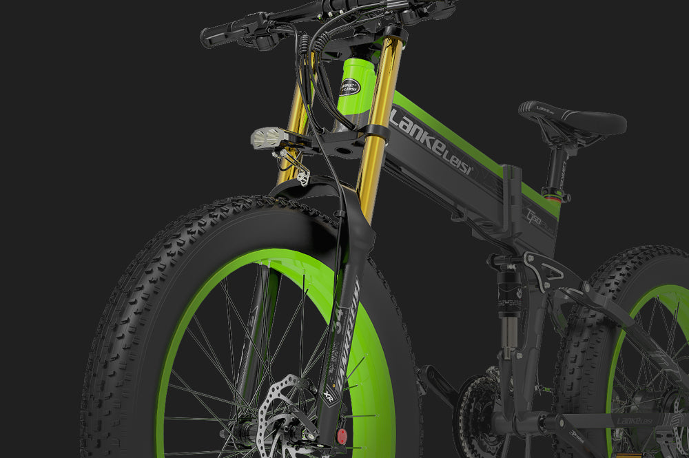 Lankeleisi electric bike front fork shock absorber with suspension for enhanced ride comfort on the LANKELEISI XT750plus model