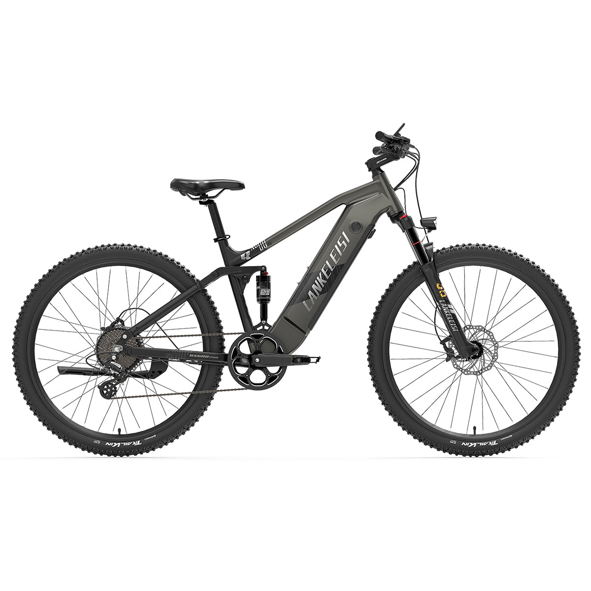 LANKELEISI RX600PRO mountain electric bike with black frame, thick tires, and handlebar controls, ready for off-road riding.