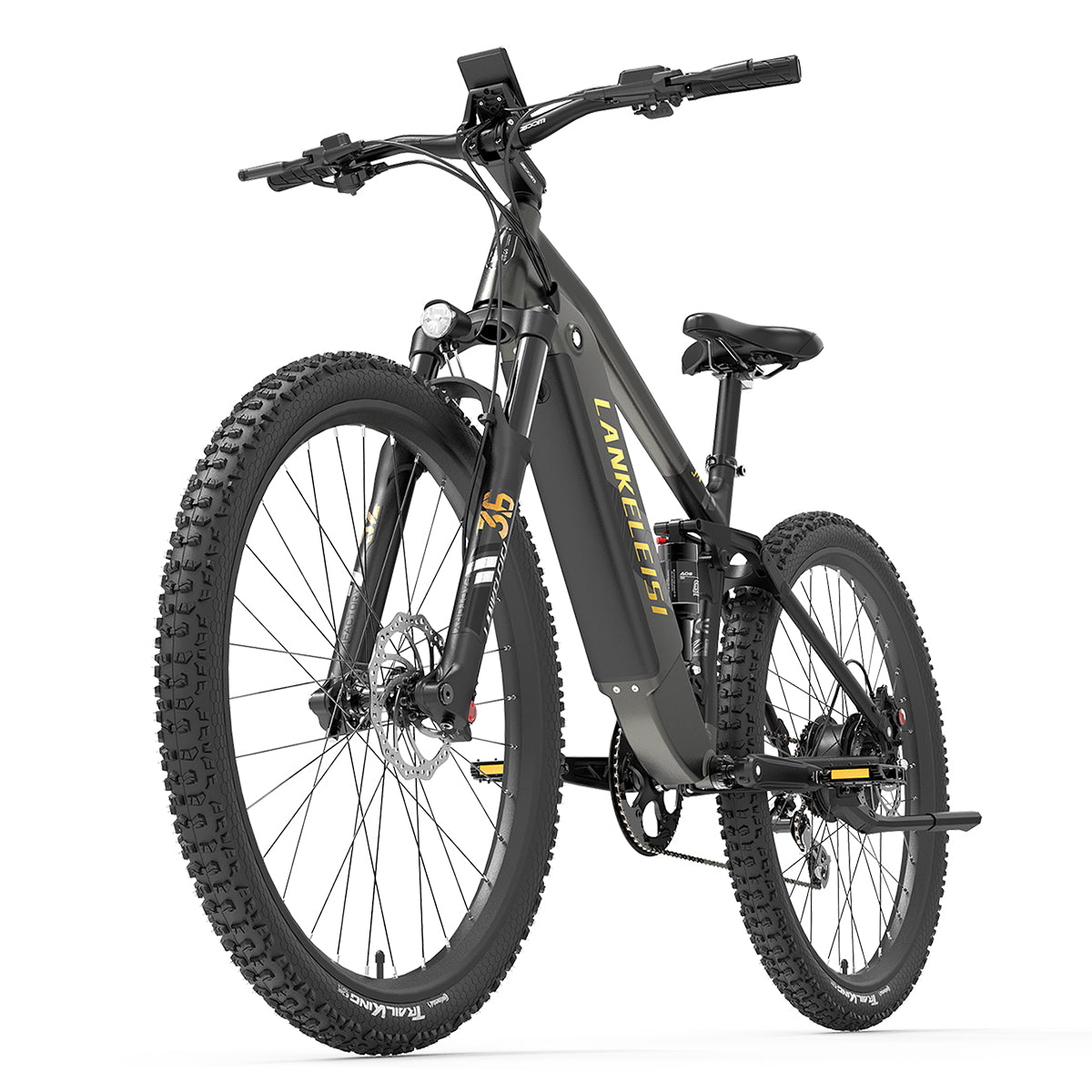 Mountain electric bike by Lankeleisi RX600PRO with sturdy frame, front suspension, and off-road tires, ready for outdoor adventures.