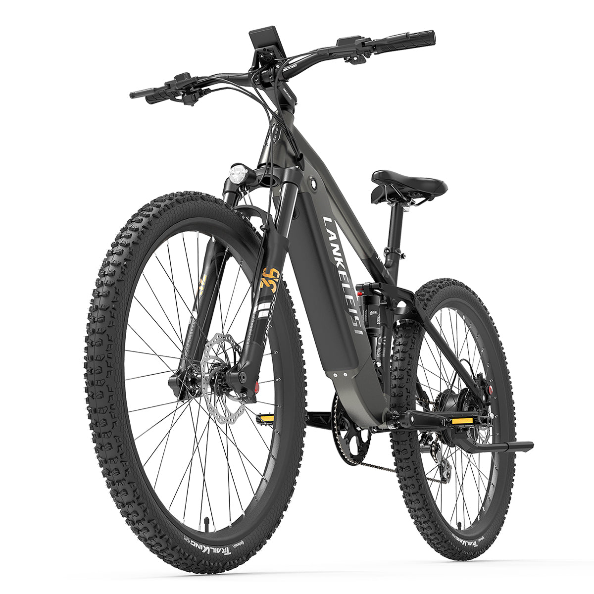 LANKELEISI RX600PRO mountain electric bike with black frame, front suspension, and knobby tires for off-road riding.