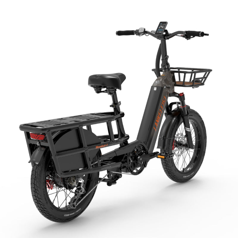 LANKELEISI Wombat-1 1000W long-range cargo eBike with sturdy frame, large tires, and electric motor for versatile transportation.