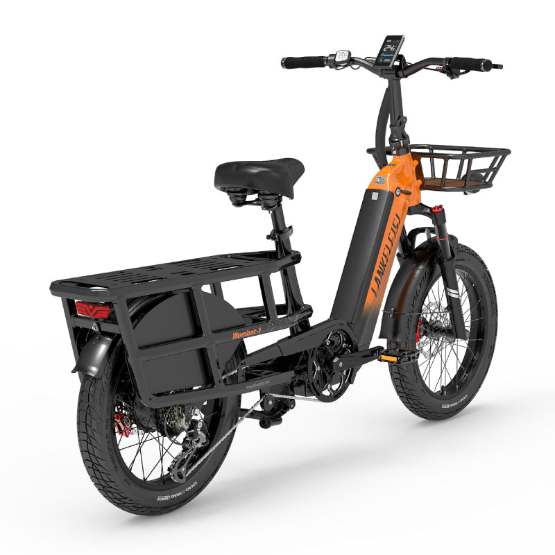 LANKELEISI Wombat-1 1000W long-range electric cargo bike with sturdy frame and large cargo rack, designed for versatile transportation.