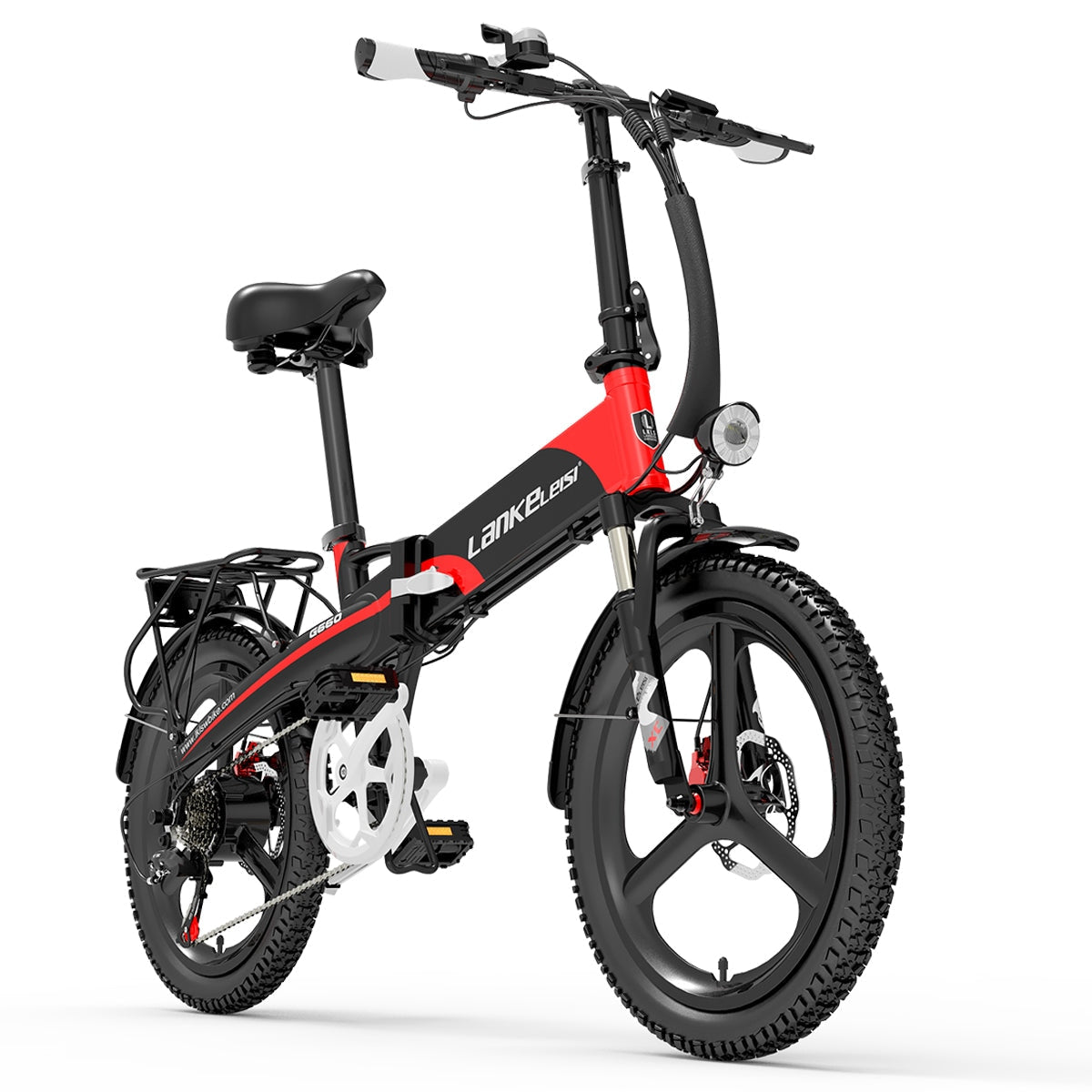 Red Lankeleisi G660 folding electric city bike with step-through frame and ergonomic handlebars, suitable for urban commuting.
