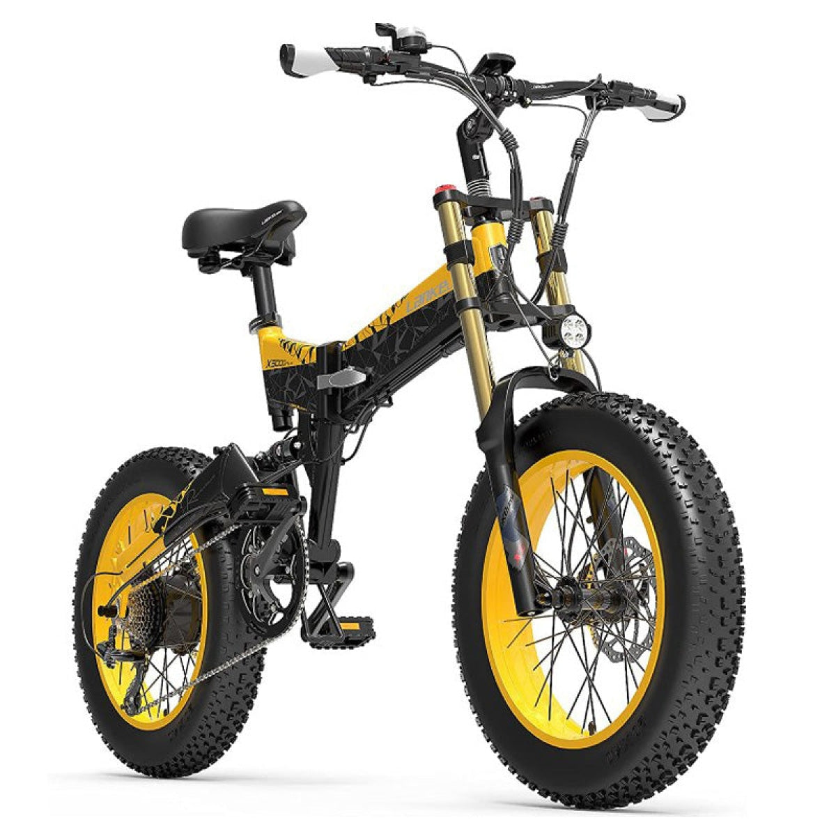 Yellow LANKELEISI X3000Plus-UP fat tire snow e-bike with thick tires and robust frame, designed for snowy terrain riding.