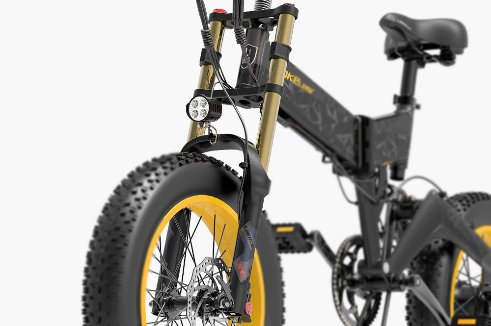 Front fork shock absorber for Lankeleisi electric bikes, model X3000 Plus, showing the suspension component on the bike's front fork.