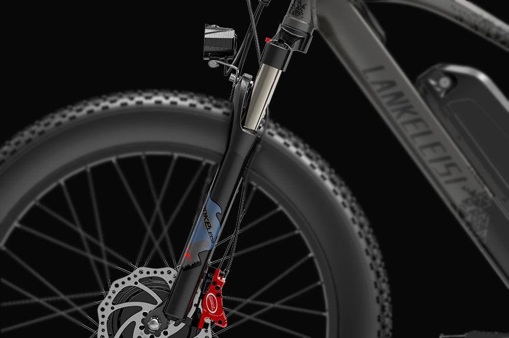 Front fork shock absorber for LANKELEISI electric bike, showcasing the suspension component in black with metal details.