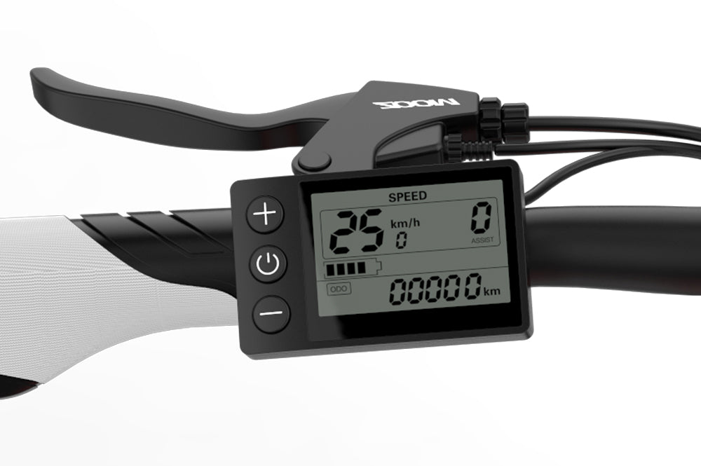 LANKELEISI electric bike with multifunctional LCD display accessory showing speed, battery, and control options.