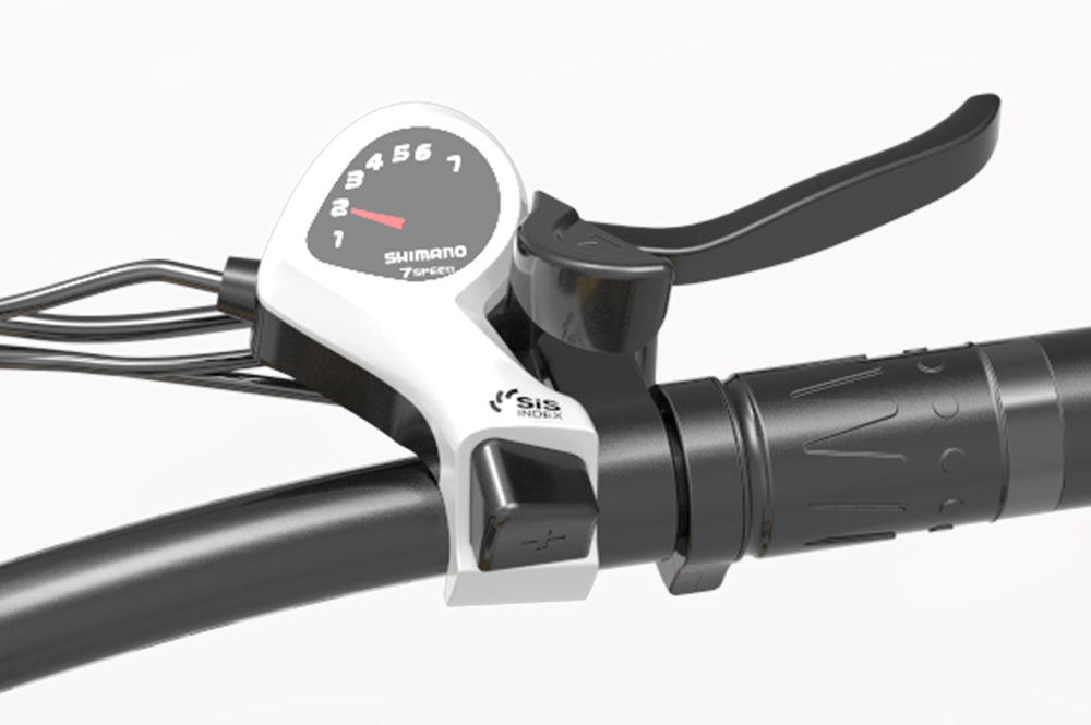 Lankeleisi bikes Ebike gear speed shifter control thumb dials on a handlebar, close-up view of the thumb dials for gear shifting.